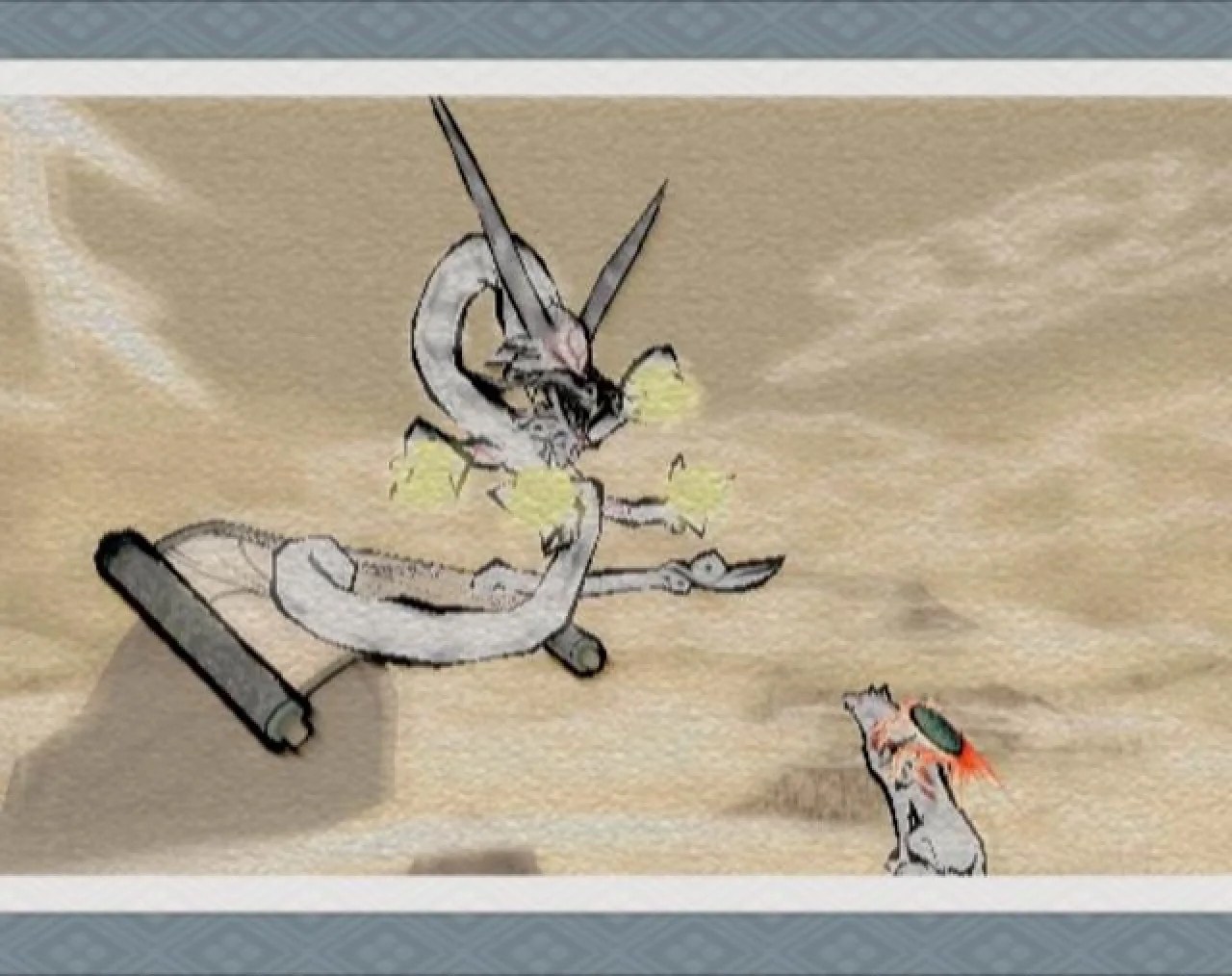 Ōkami screenshot: cel-shaded, painterly, third-person, inked lines, flat / unlit (cutscene, character)