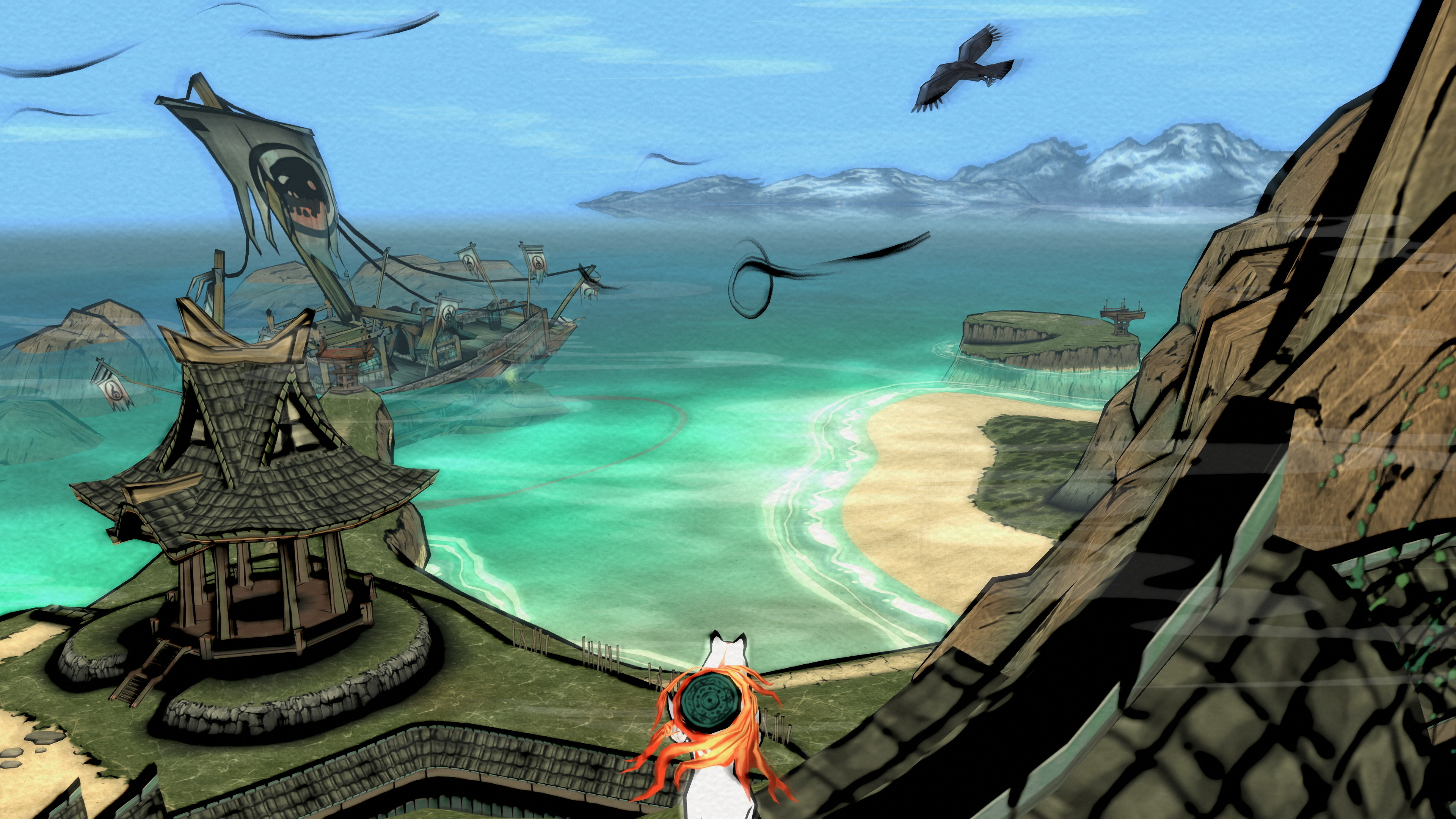 Ōkami HD screenshot: cel-shaded, painterly, third-person, inked lines, two-tone cel (environment)