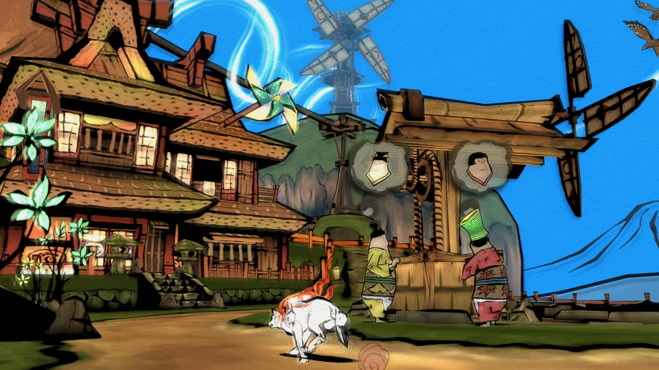 Ōkami HD screenshot: cel-shaded, painterly, third-person, inked lines, two-tone cel (environment, character)