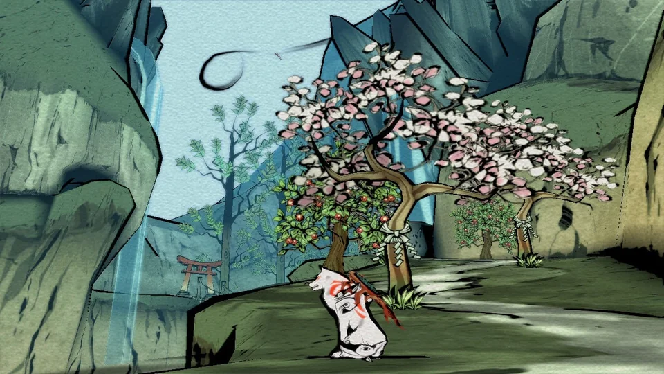 Ōkami HD screenshot: cel-shaded, painterly, third-person, inked lines, two-tone cel (environment, character)