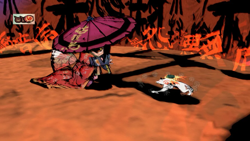 Ōkami HD screenshot: cel-shaded, painterly, third-person, inked lines, two-tone cel (combat)