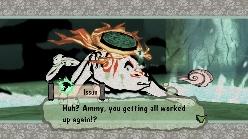 Ōkami HD screenshot: cel-shaded, painterly, third-person, inked lines, two-tone cel (character, cutscene)