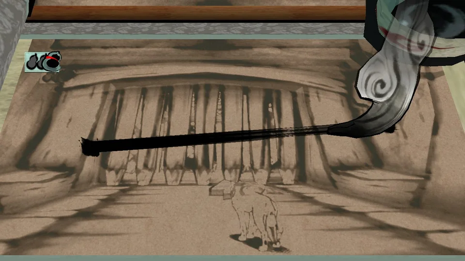 Ōkami HD screenshot: cel-shaded, painterly, third-person, inked lines, two-tone cel (ui / menu)