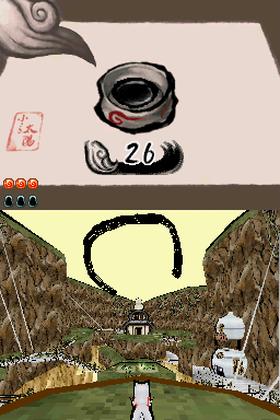 Ōkamiden screenshot: cel-shaded, third-person, black outlines, flat / unlit (environment, ui / menu)