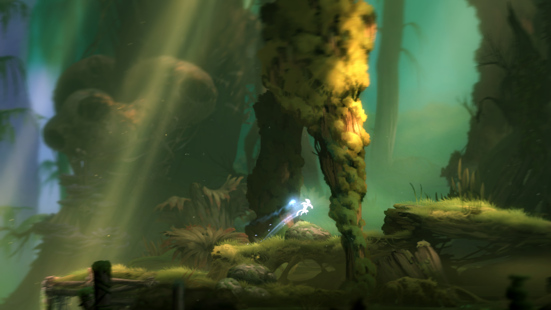 Ori and the Blind Forest screenshot: painterly, hand-drawn, pre-rendered, side-scrolling, no outlines, soft gradient (environment)