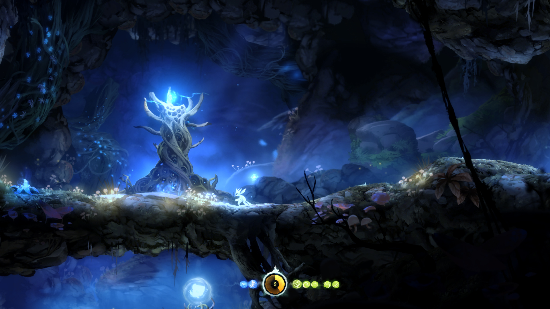 Ori and the Blind Forest screenshot: painterly, hand-drawn, pre-rendered, side-scrolling, no outlines, soft gradient (environment)