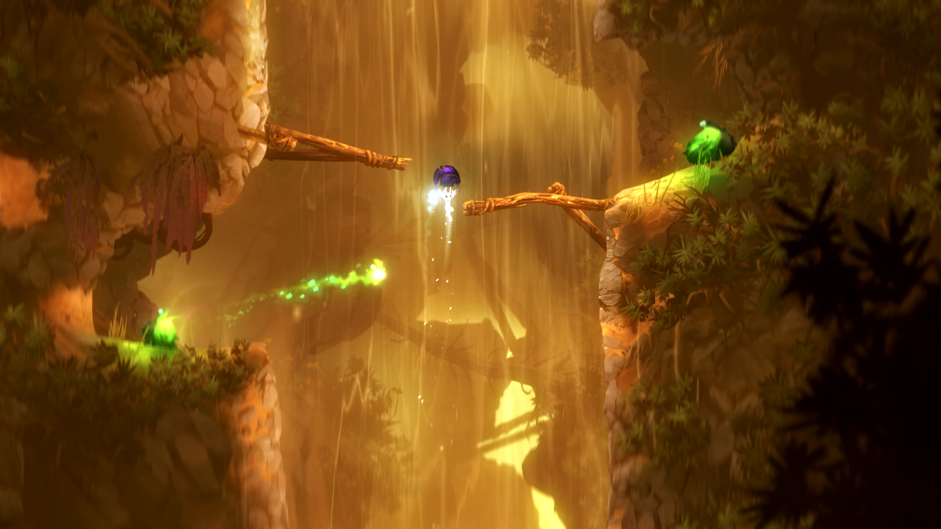 Ori and the Blind Forest screenshot: painterly, hand-drawn, pre-rendered, side-scrolling, no outlines, soft gradient (environment, combat)