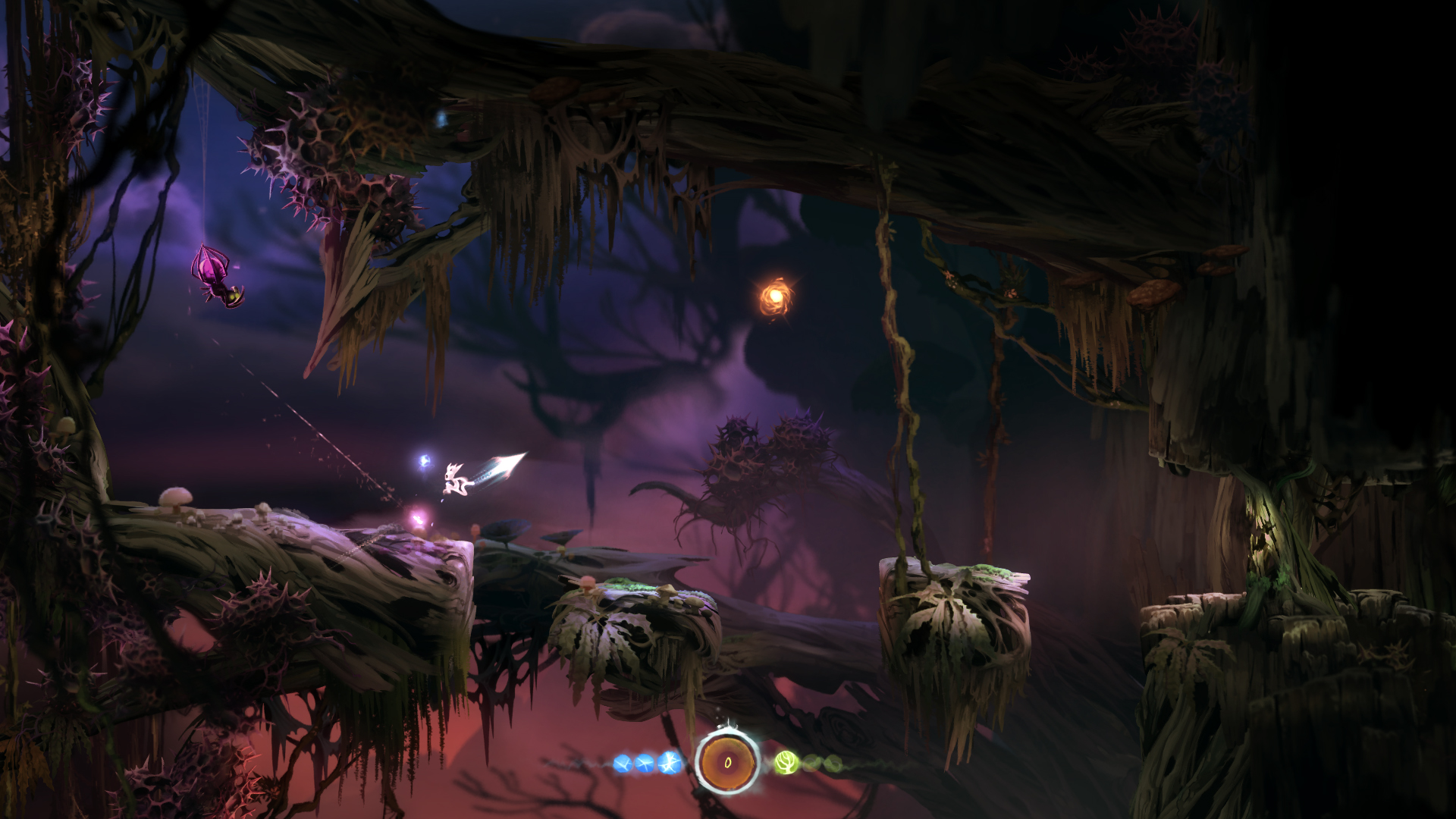 Ori and the Blind Forest screenshot: painterly, hand-drawn, pre-rendered, side-scrolling, no outlines, soft gradient (environment, combat)