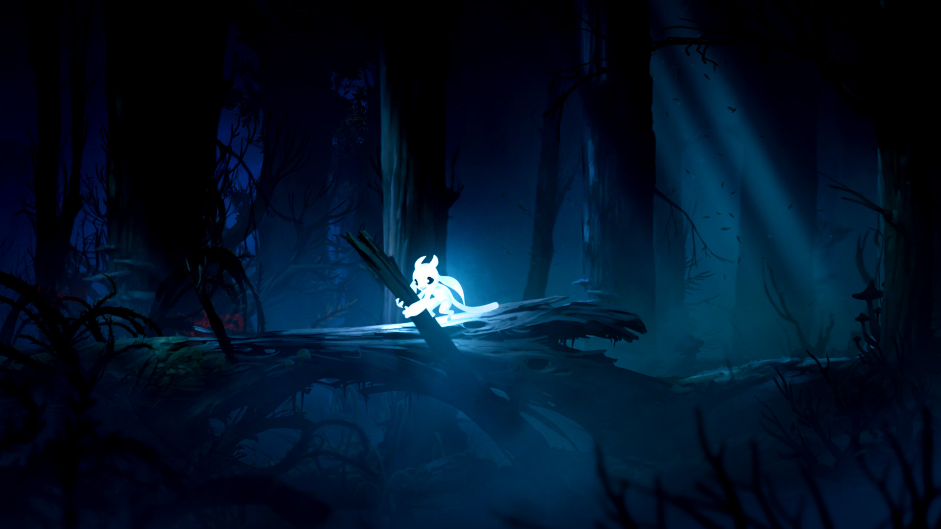Ori and the Blind Forest: Definitive Edition screenshot: painterly, side-scrolling, no outlines, soft gradient (environment, character)
