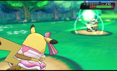 Pokémon Alpha Sapphire screenshot: cel-shaded, stylized 3d, three-quarter, third-person, black outlines, two-tone cel (character, combat)