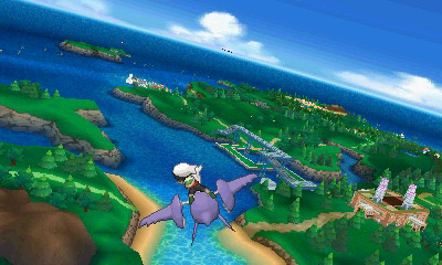 Pokémon Alpha Sapphire screenshot: cel-shaded, stylized 3d, three-quarter, third-person, black outlines, two-tone cel (environment, character)