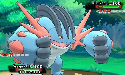 Pokémon Alpha Sapphire screenshot: cel-shaded, stylized 3d, three-quarter, third-person, black outlines, two-tone cel (character, combat)