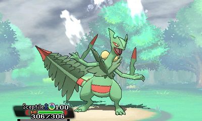 Pokémon Alpha Sapphire screenshot: cel-shaded, stylized 3d, three-quarter, third-person, black outlines, two-tone cel (environment, character, combat)