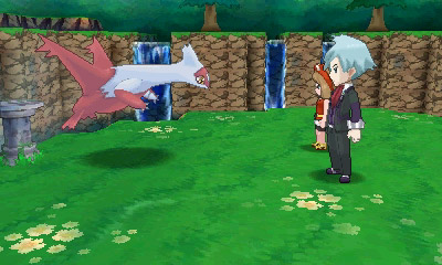 Pokémon Alpha Sapphire screenshot: cel-shaded, stylized 3d, three-quarter, third-person, black outlines, two-tone cel (environment, character, cutscene)