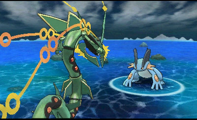 Pokémon Alpha Sapphire screenshot: cel-shaded, stylized 3d, three-quarter, third-person, black outlines, two-tone cel (environment, character, combat)