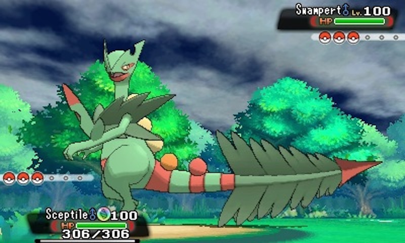 Pokémon Alpha Sapphire screenshot: cel-shaded, stylized 3d, three-quarter, third-person, black outlines, two-tone cel (environment, character, combat)