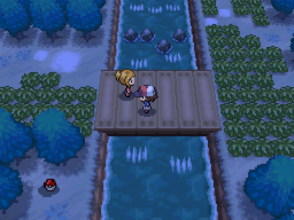 Pokémon Black Version screenshot: pixel art, low-poly, three-quarter, black outlines, baked lighting (environment, character)