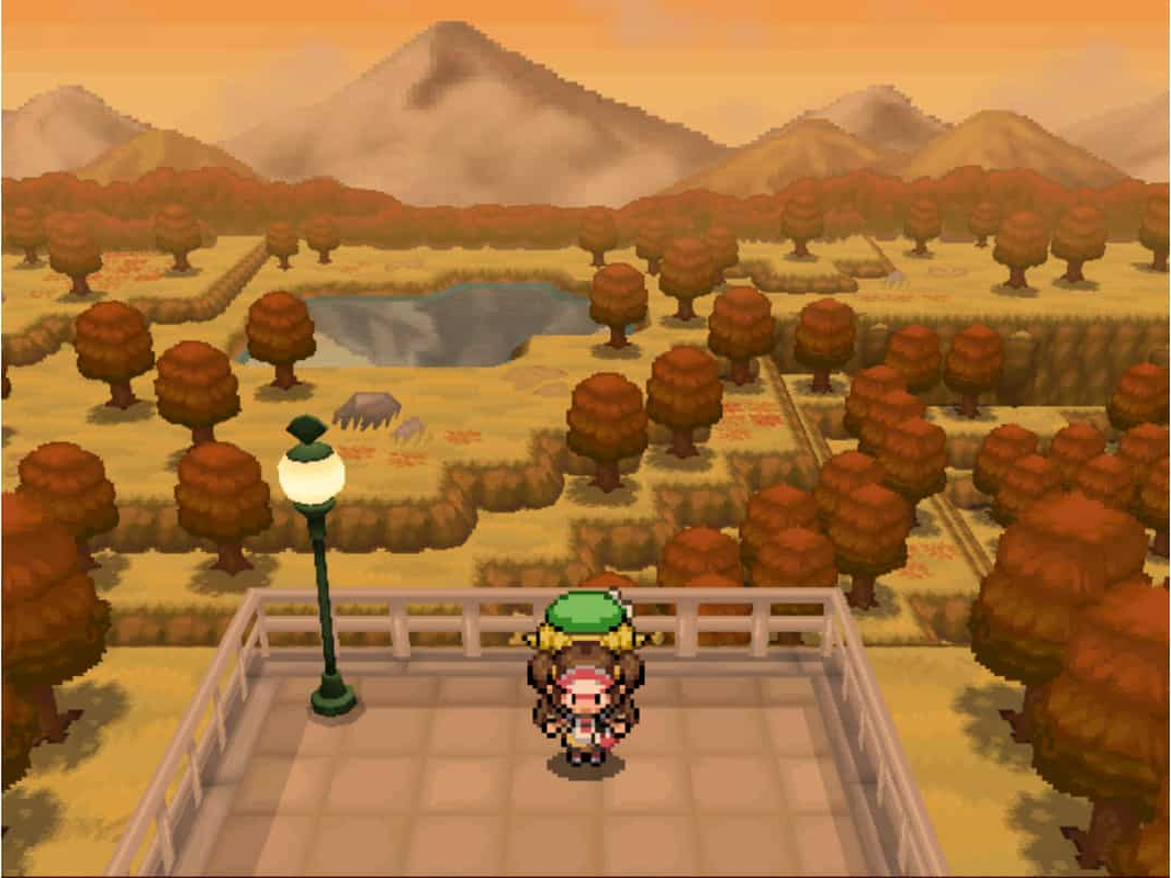 Pokémon Black Version 2 screenshot: pixel art, low-poly, three-quarter, black outlines, baked lighting (environment)