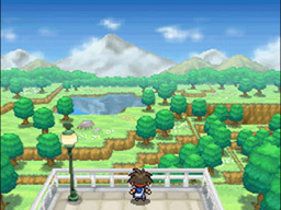 Pokémon Black Version 2 screenshot: pixel art, low-poly, three-quarter, fixed camera, black outlines, baked lighting (environment)
