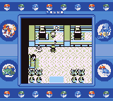 Pokémon Blue Version screenshot: pixel art, three-quarter, black outlines, dithered shading (environment)