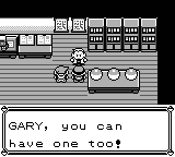 Pokémon Blue Version screenshot: pixel art, three-quarter, black outlines, dithered shading (cutscene)