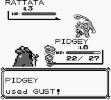 Pokémon Blue Version screenshot: pixel art, three-quarter, black outlines, dithered shading (combat)
