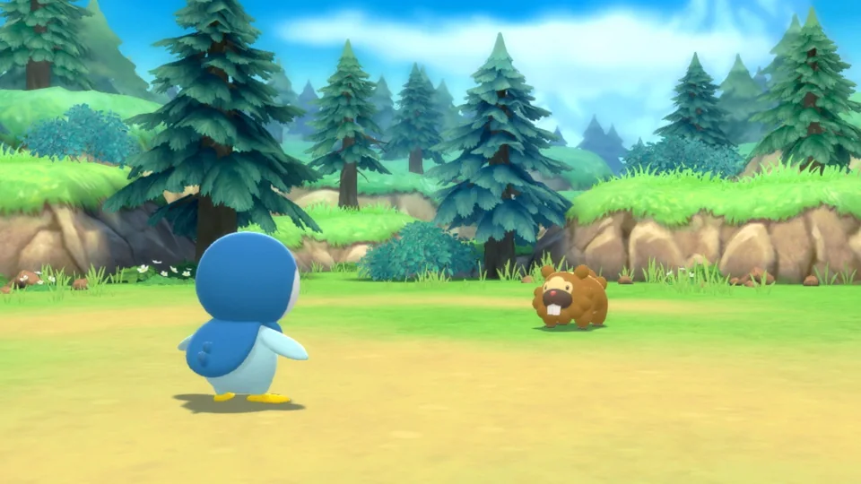 Pokémon Brilliant Diamond screenshot: stylized 3d, diorama, three-quarter, no outlines, soft gradient (combat)