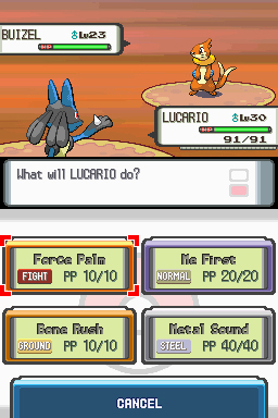 Pokémon Diamond screenshot: pixel art, low-poly, three-quarter, fixed camera, black outlines, baked lighting (combat, ui / menu)