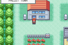 Pokémon FireRed Version screenshot: pixel art, three-quarter, black outlines, three-tone cel (environment)