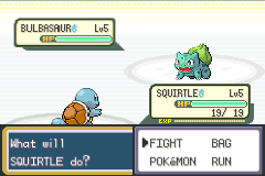 Pokémon FireRed Version screenshot: pixel art, three-quarter, fixed camera, colored outlines, three-tone cel (combat, ui / menu)