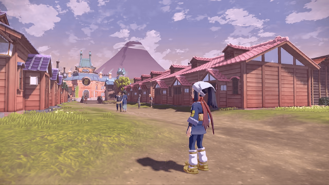 Pokémon Legends: Arceus screenshot: stylized 3d, cel-shaded, third-person, no outlines, two-tone cel (environment, character)
