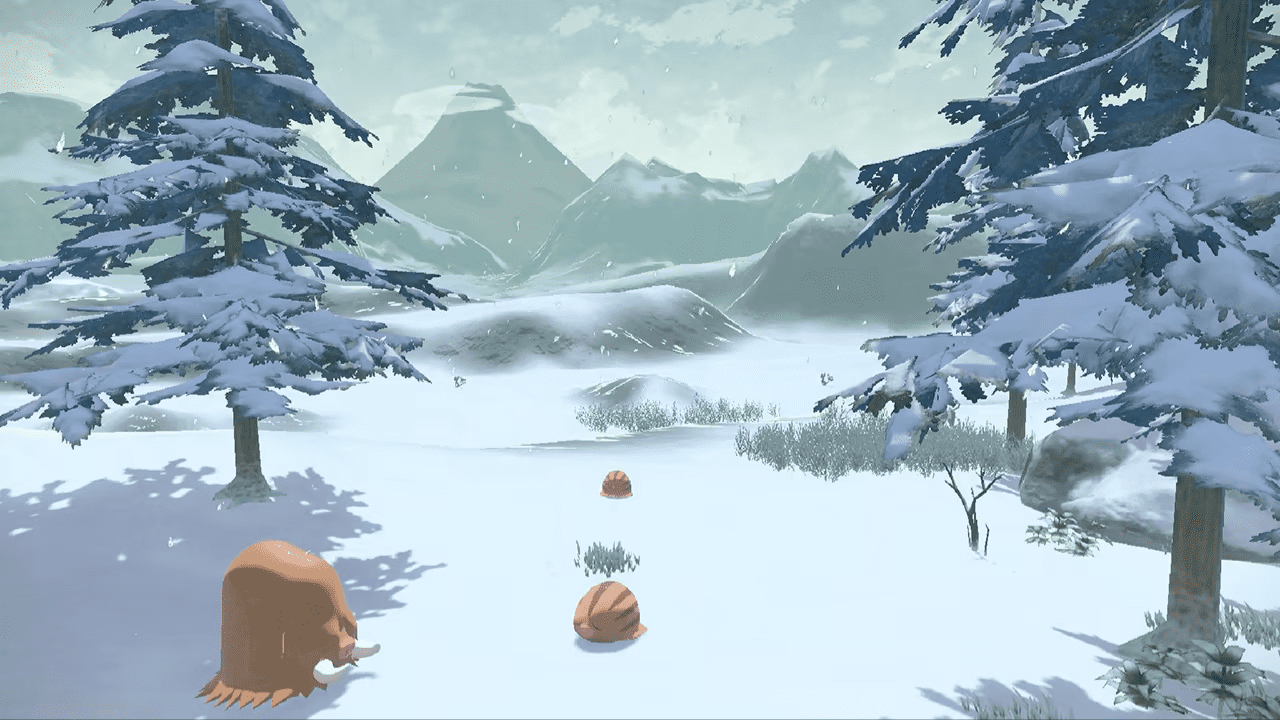 Pokémon Legends: Arceus screenshot: stylized 3d, cel-shaded, third-person, no outlines, two-tone cel (environment)