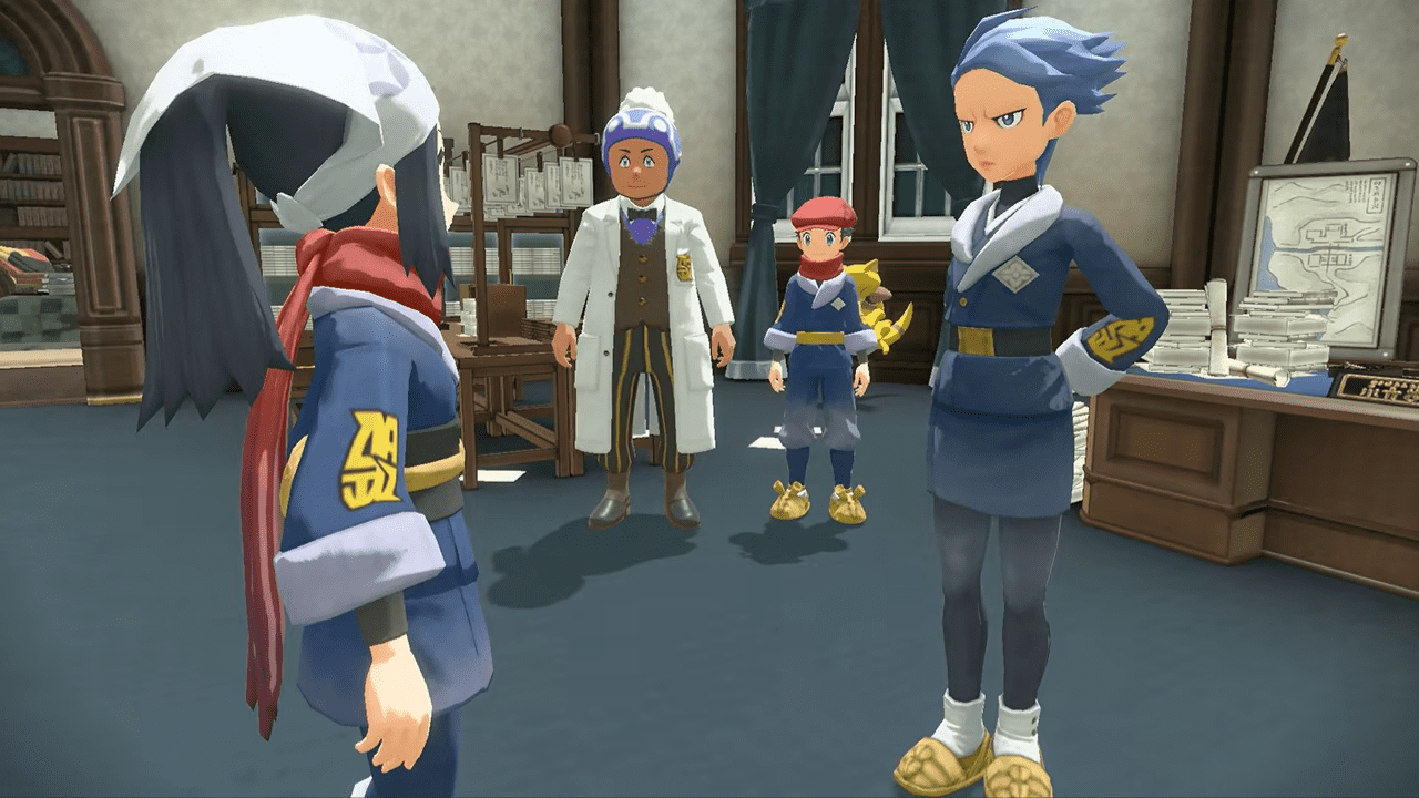 Pokémon Legends: Arceus screenshot: stylized 3d, cel-shaded, third-person, no outlines, two-tone cel (character, cutscene)