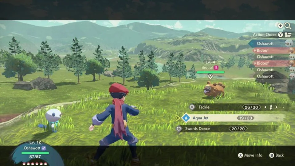 Pokémon Legends: Arceus screenshot: stylized 3d, cel-shaded, third-person, no outlines, two-tone cel (combat, ui / menu)