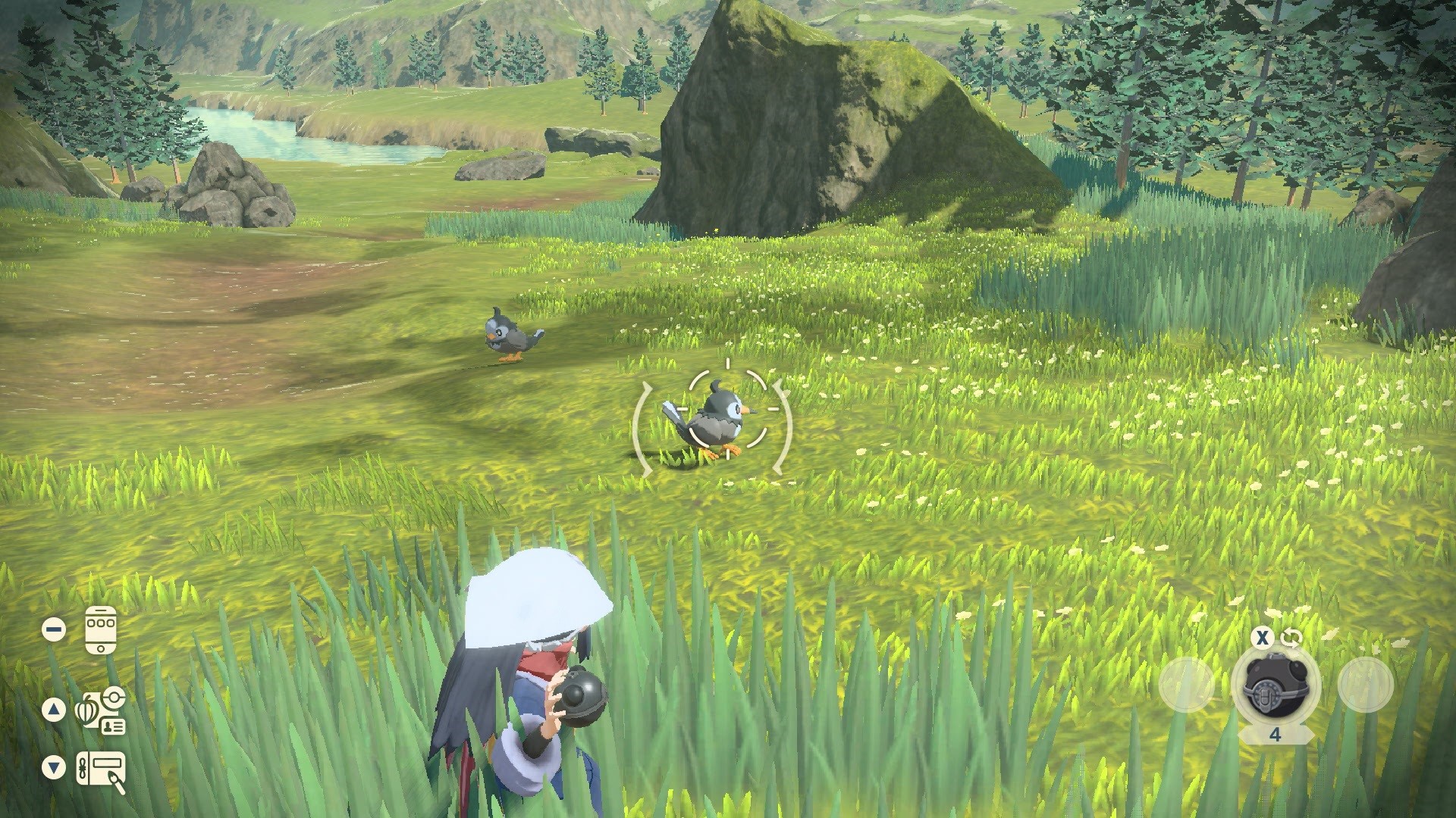 Pokémon Legends: Arceus screenshot: stylized 3d, cel-shaded, third-person, no outlines, two-tone cel (environment, character)