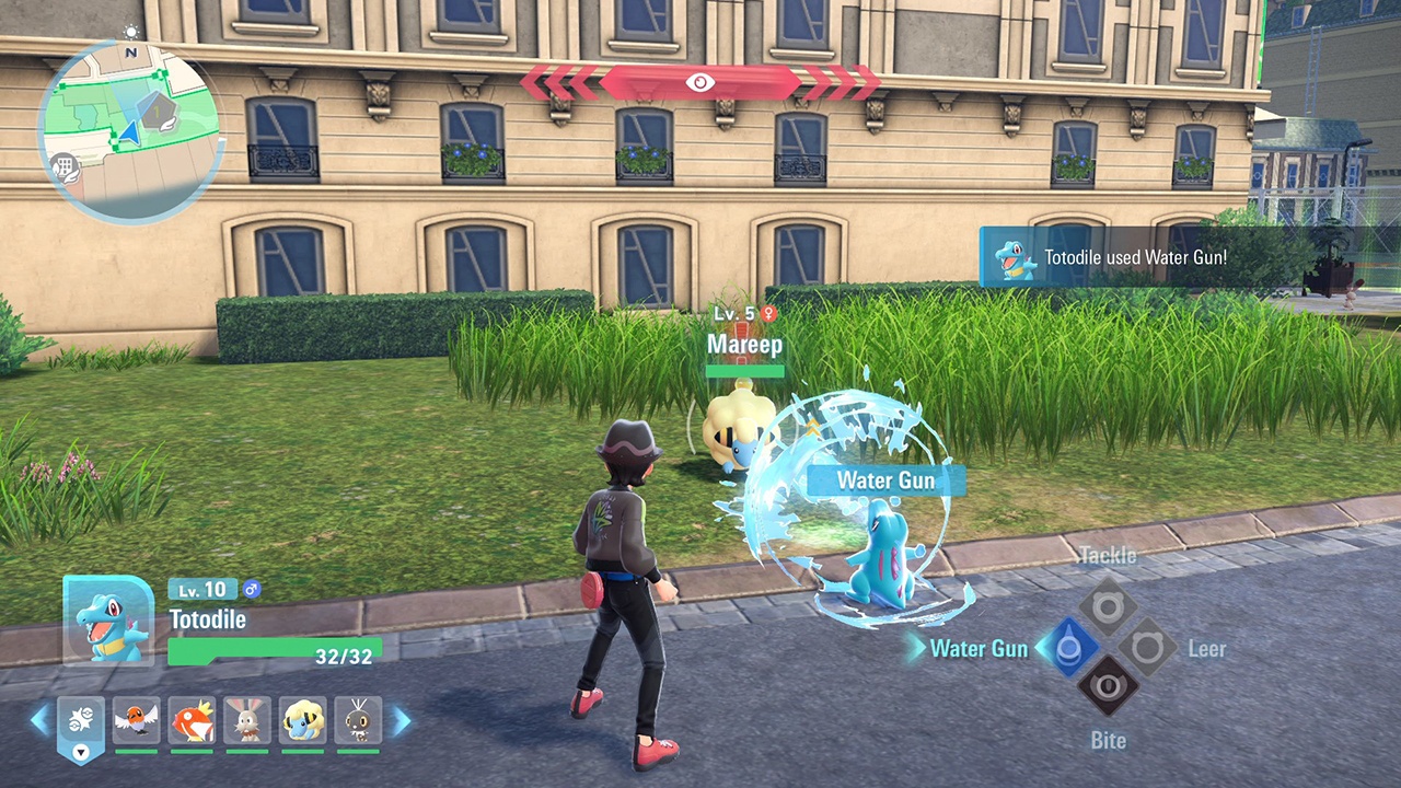 Pokémon Legends: Z-A screenshot: stylized 3d, third-person, no outlines, soft gradient (environment, character, combat)