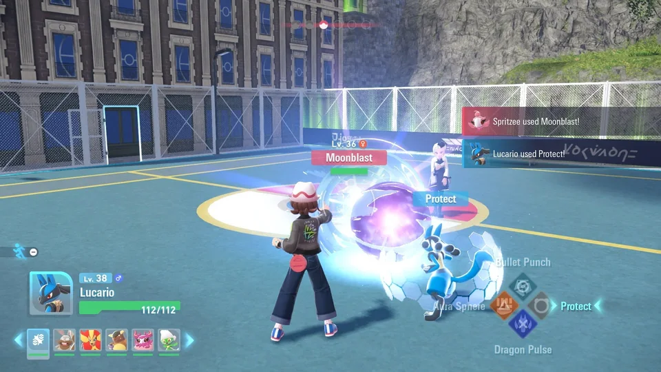 Pokémon Legends: Z-A screenshot: stylized 3d, third-person, no outlines, soft gradient (combat)