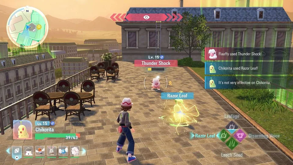 Pokémon Legends: Z-A screenshot: stylized 3d, third-person, no outlines, soft gradient (environment, combat)
