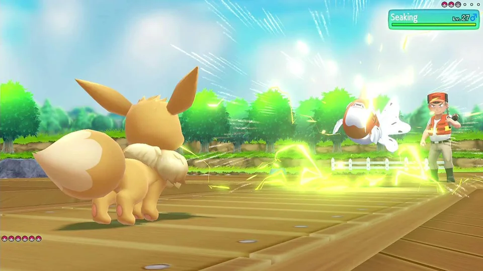 Pokémon: Let’s Go, Eevee! screenshot: stylized 3d, three-quarter, fixed camera, no outlines, soft gradient (combat)