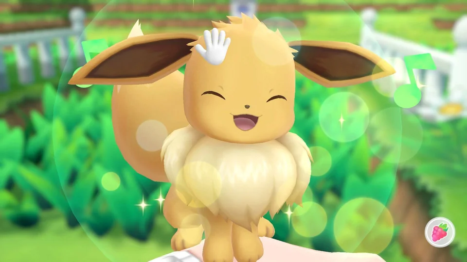 Pokémon: Let’s Go, Eevee! screenshot: stylized 3d, three-quarter, fixed camera, no outlines, soft gradient (character)
