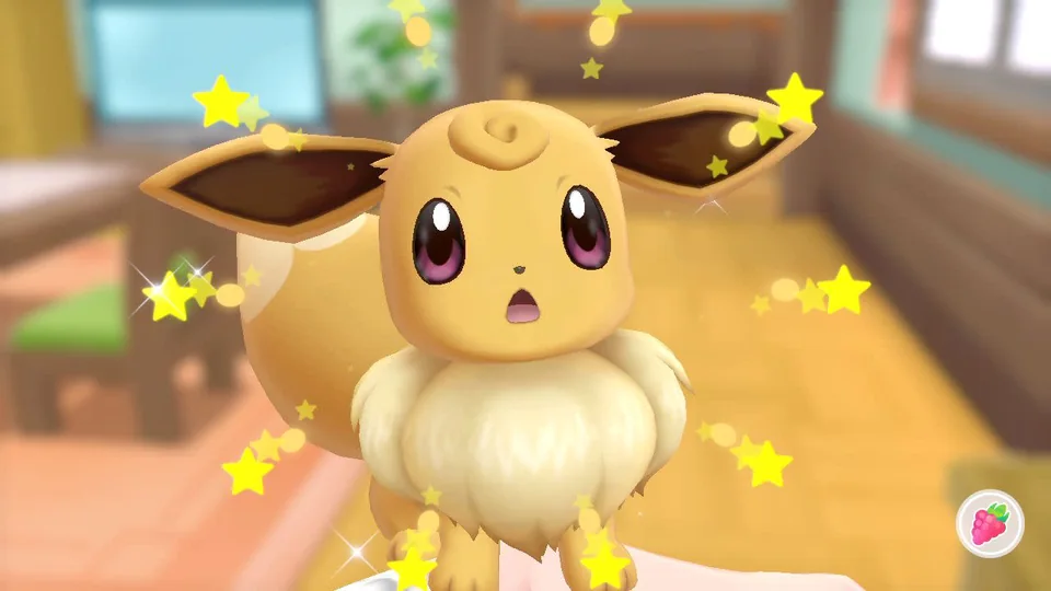 Pokémon: Let’s Go, Eevee! screenshot: stylized 3d, three-quarter, fixed camera, no outlines, soft gradient (character)