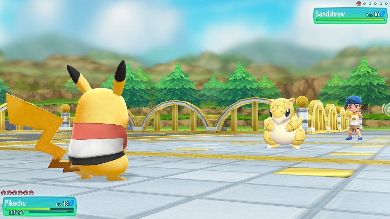 Pokémon: Let’s Go, Pikachu! screenshot: stylized 3d, three-quarter, third-person, no outlines, soft gradient (environment, character, combat)