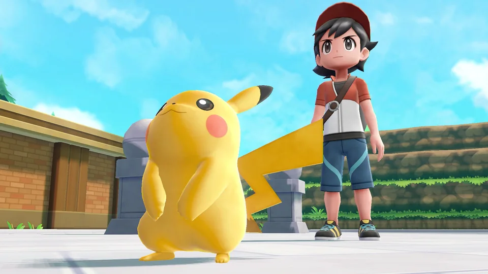 Pokémon: Let’s Go, Pikachu! screenshot: stylized 3d, three-quarter, no outlines, soft gradient (character)