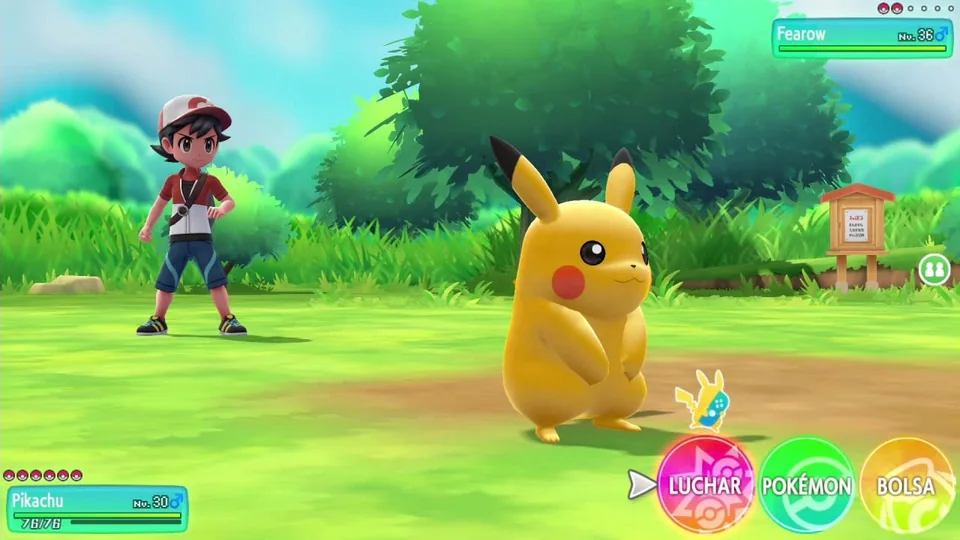 Pokémon: Let’s Go, Pikachu! screenshot: stylized 3d, three-quarter, no outlines, soft gradient (combat)