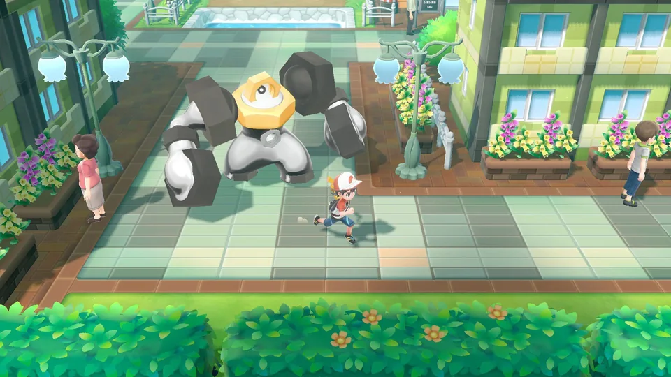 Pokémon: Let’s Go, Pikachu! screenshot: stylized 3d, three-quarter, no outlines, soft gradient (environment, character)