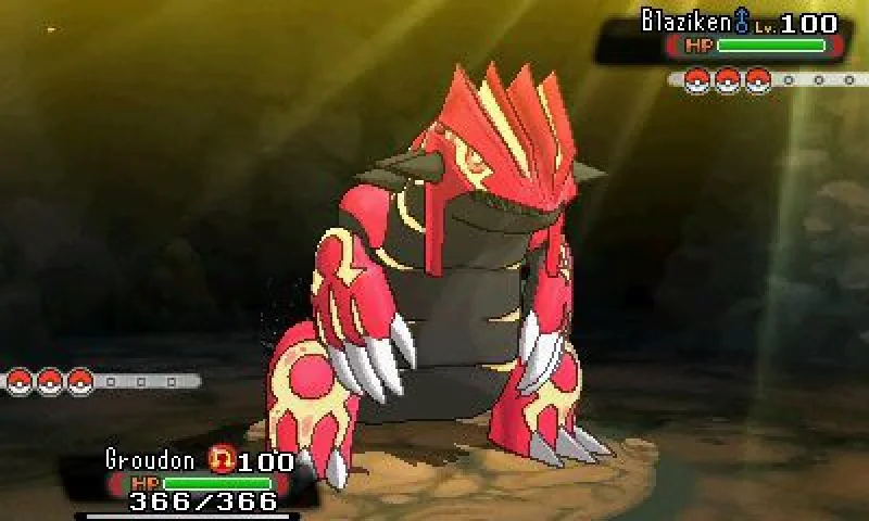 Pokémon Omega Ruby screenshot: stylized 3d, cel-shaded, three-quarter, black outlines, two-tone cel (character, combat)