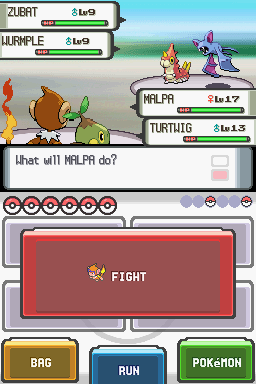 Pokémon Pearl screenshot: pixel art, fixed camera, black outlines, baked lighting (combat, ui / menu)