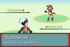 Pokémon Ruby Version screenshot: pixel art, three-quarter, colored outlines (character, cutscene)