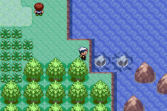 Pokémon Sapphire Version screenshot: pixel art, three-quarter, fixed camera, black outlines, baked lighting (environment)