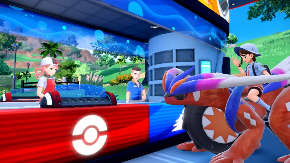 Pokémon Scarlet screenshot: stylized 3d, third-person, no outlines, soft gradient (character, environment)